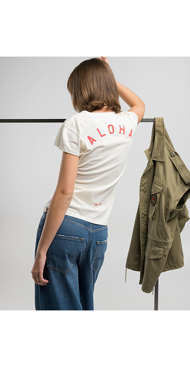 スキニーフィットコットンジャージーALOHAプリントTシャツ 詳細画像
